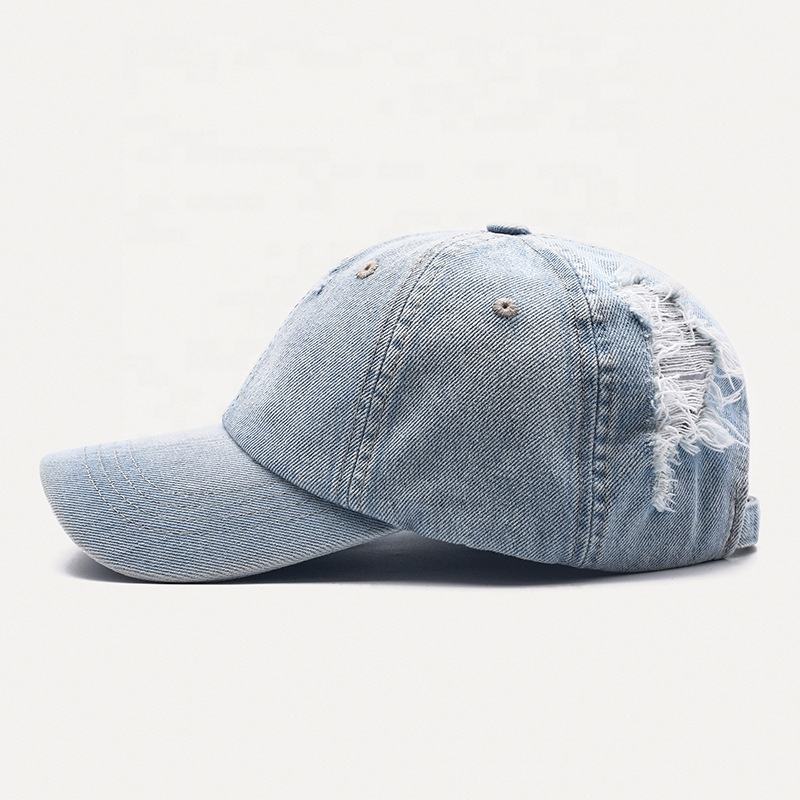 Wholesale Unisex 6-Panels Distressed Denim Washed Sport Cap and Hat Women Men Plain Worn Out Cotton Denim Baseball Caps
