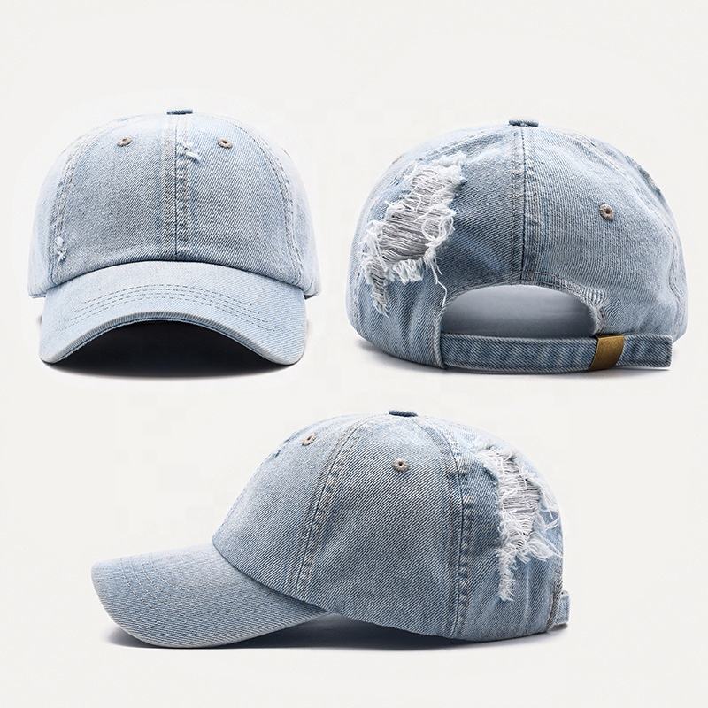 Wholesale Unisex 6-Panels Distressed Denim Washed Sport Cap and Hat Women Men Plain Worn Out Cotton Denim Baseball Caps