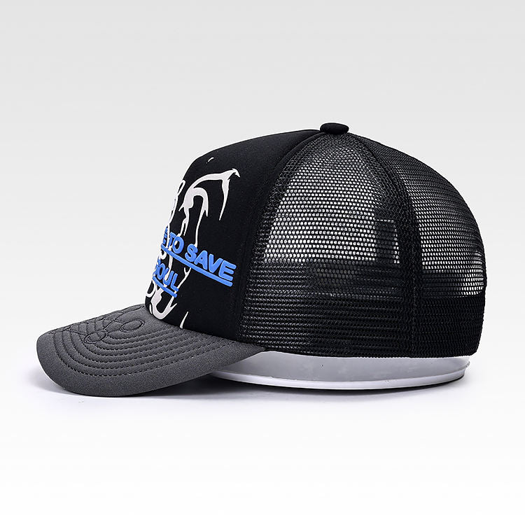 New Design Logo Craft Black Color Foam Mesh Gorra Printing Logo 5 Panel Baseball Truck Hat Embossed Effect Brim Logo Trucker Cap