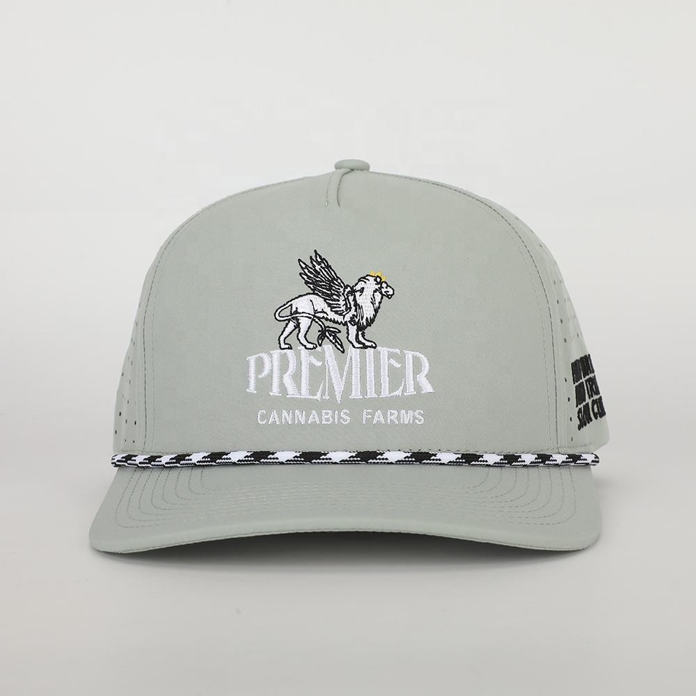 Wholesale Custom Polyester Sports Gorras Embroidery Logo Laser Cut Hole Hat High Quality Trendy 5 Panel Golf Rope Baseball Cap