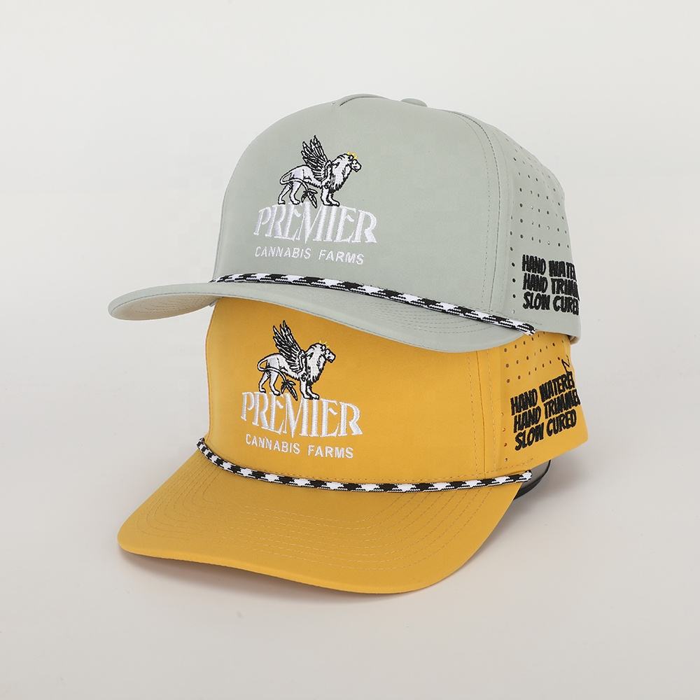 Wholesale Custom Polyester Sports Gorras Embroidery Logo Laser Cut Hole Hat High Quality Trendy 5 Panel Golf Rope Baseball Cap