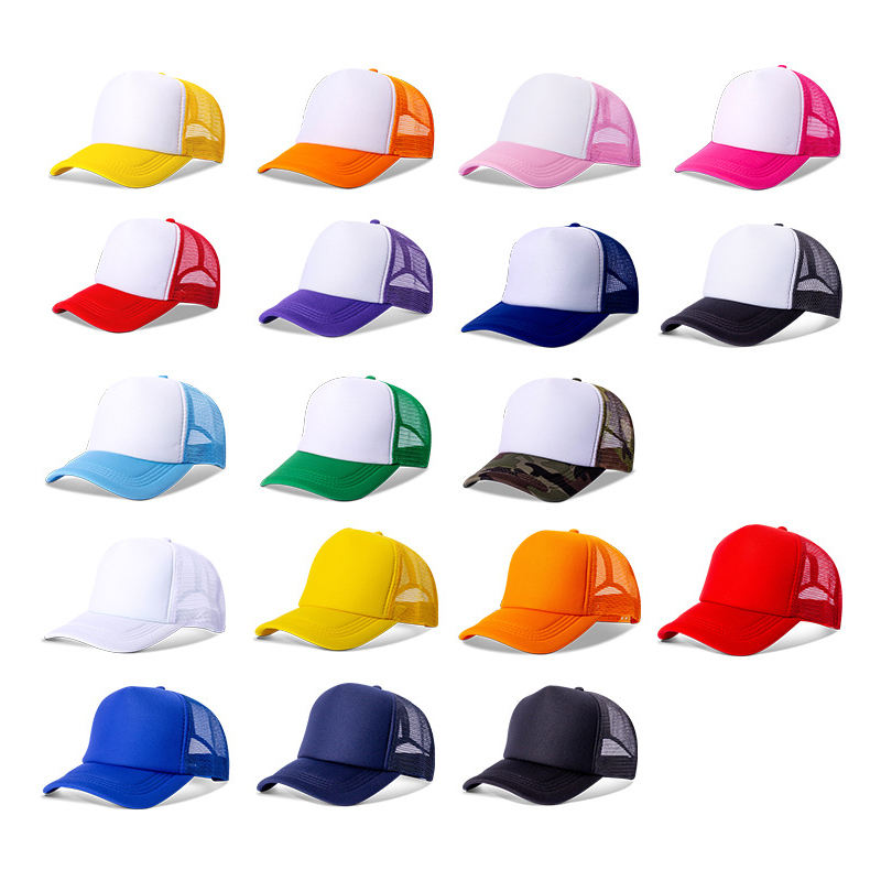 Wholesale Summer Fashion Adult Polyester Blank Sport Cap Cheap Promotion 5 Panel Foam Trucker Hat Mesh Cap Custom logo