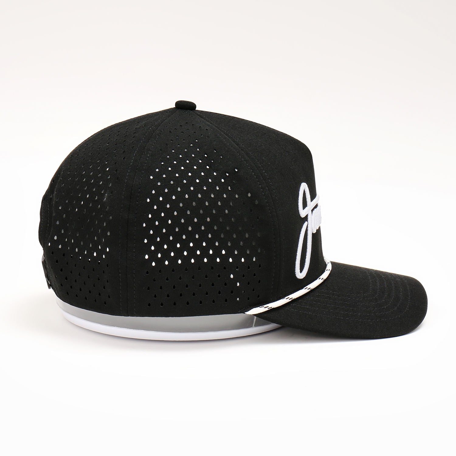 High-Profile Custom Black Baseball Cap with Embroidered Logo Waterproof Laser Cut Perforated Hole Performance Sports Golf Hat