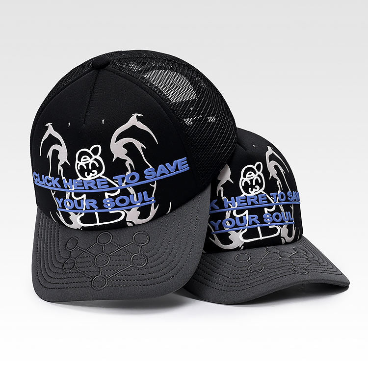 New Design Logo Craft Black Color Foam Mesh Gorra Printing Logo 5 Panel Baseball Truck Hat Embossed Effect Brim Logo Trucker Cap