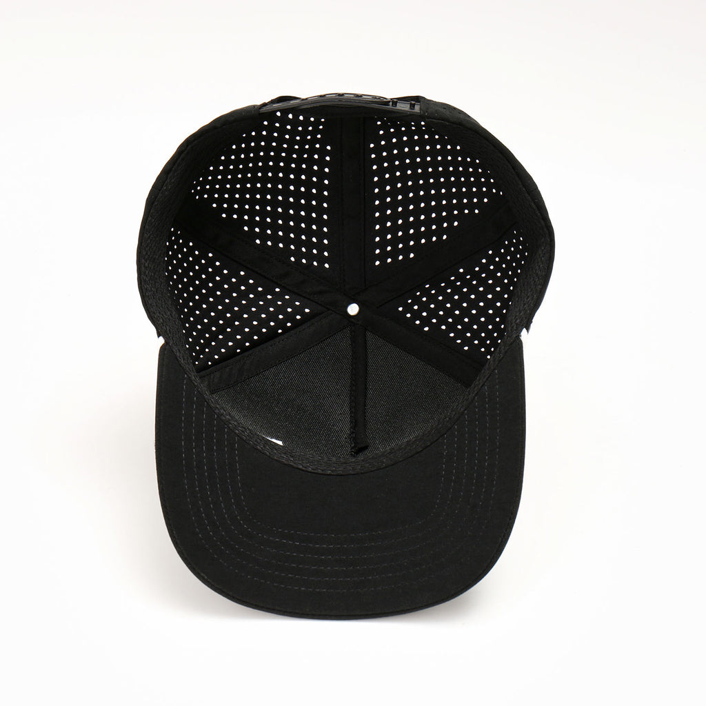 High-Profile Custom Black Baseball Cap with Embroidered Logo Waterproof Laser Cut Perforated Hole Performance Sports Golf Hat