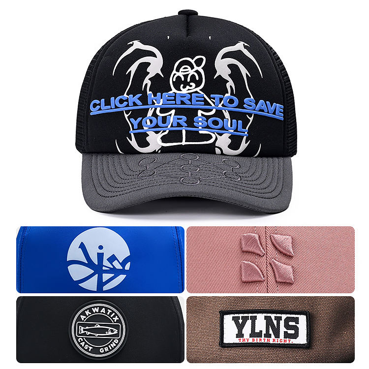New Design Logo Craft Black Color Foam Mesh Gorra Printing Logo 5 Panel Baseball Truck Hat Embossed Effect Brim Logo Trucker Cap