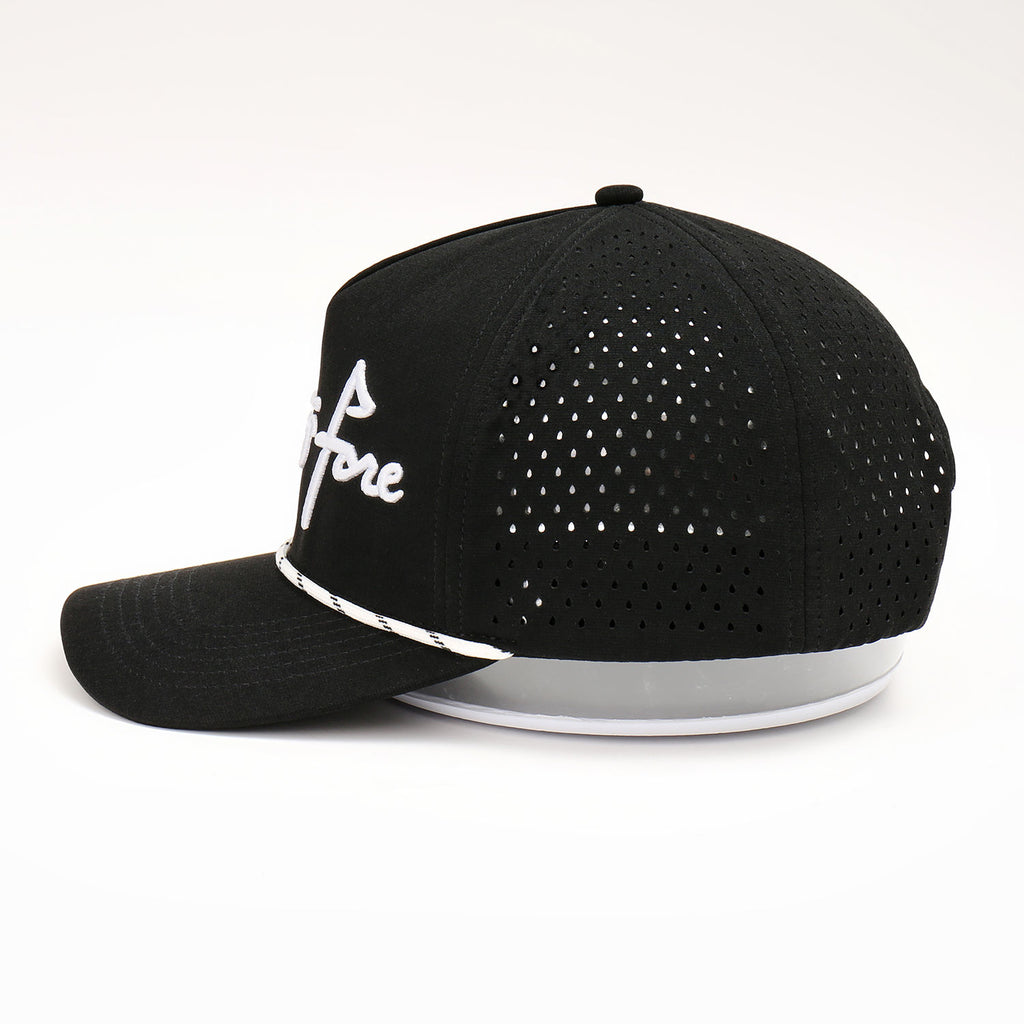 High-Profile Custom Black Baseball Cap with Embroidered Logo Waterproof Laser Cut Perforated Hole Performance Sports Golf Hat