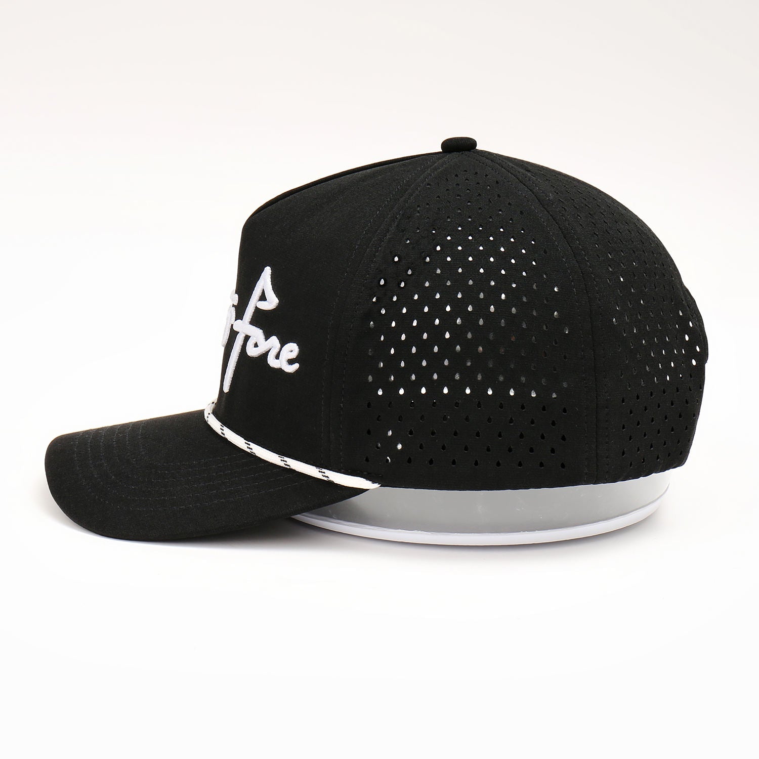 High-Profile Custom Black Baseball Cap with Embroidered Logo Waterproof Laser Cut Perforated Hole Performance Sports Golf Hat