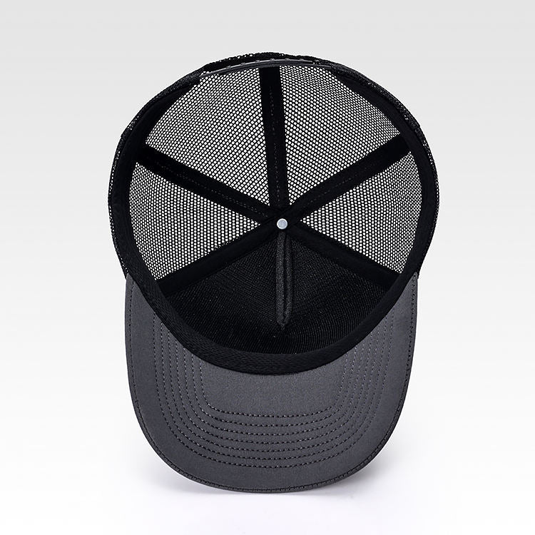 New Design Logo Craft Black Color Foam Mesh Gorra Printing Logo 5 Panel Baseball Truck Hat Embossed Effect Brim Logo Trucker Cap