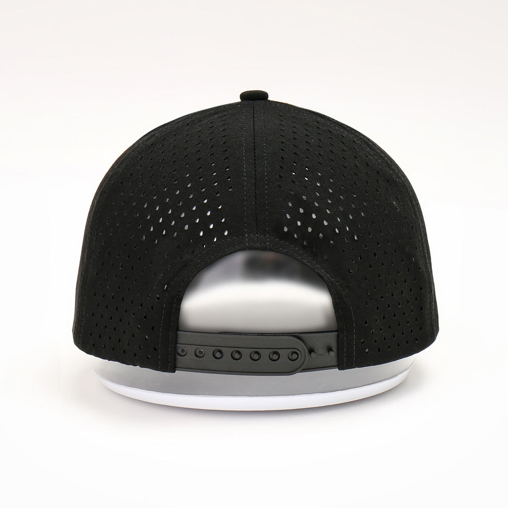 High-Profile Custom Black Baseball Cap with Embroidered Logo Waterproof Laser Cut Perforated Hole Performance Sports Golf Hat